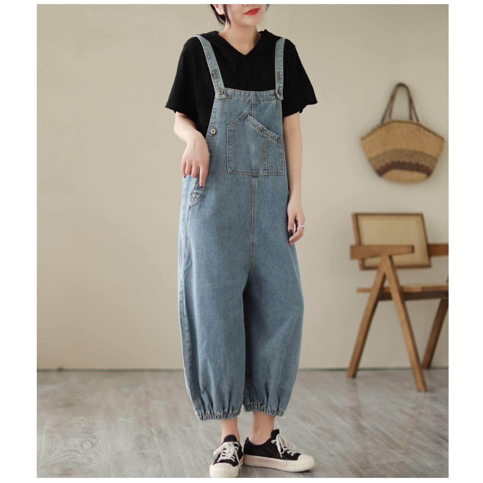 Salopette da donna in denim Salopette Pantaloni da donna Vintage Casual Baggy Jean Tute regolabili Tute Tute a gamba larga Tutina Pantaloni lunghi Azzurro-M