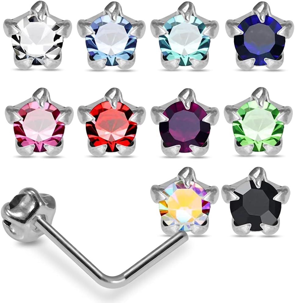 20 Pieces Box Set Star Set Crystal Stone Design 22 Gauge 925 Sterling Silver Nose Pin - Nose Stud - Tiny Nose Ring - Nose Piercing Body Jewelry