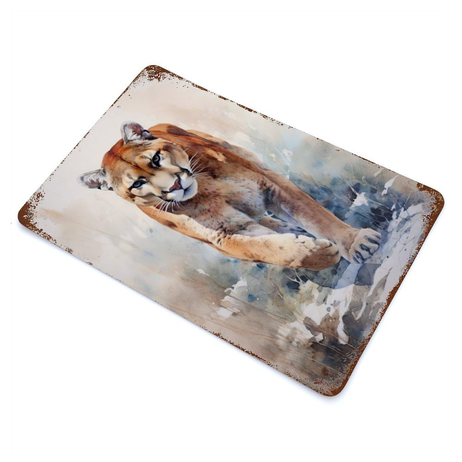 Weathered Tin Sign with Cougar Watercolor Design 11.8"x7.9", for Basement, Hobby Room And Garage Decor, Industrial Home Decor