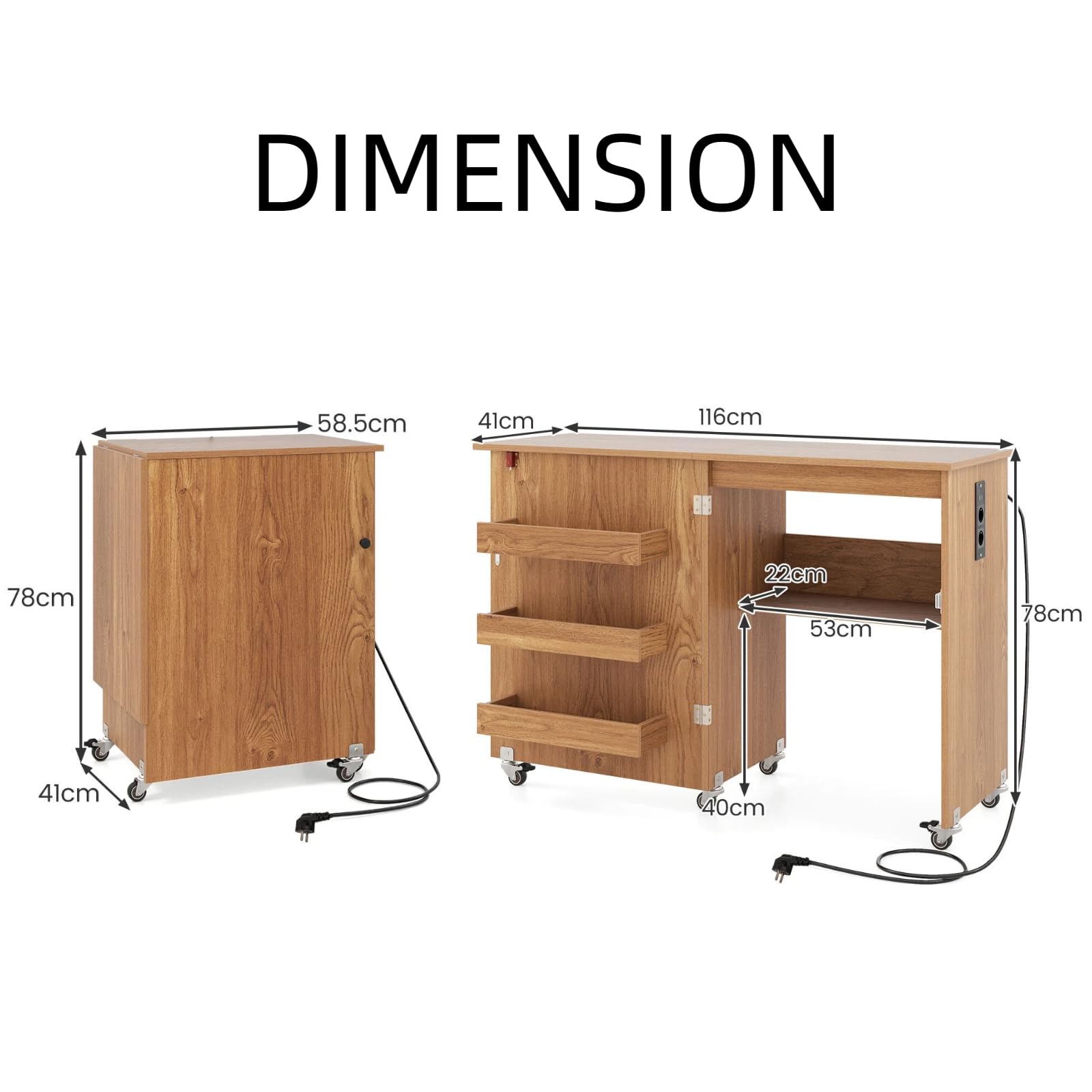KOMFOTTEU Mesa de Costura Plegable con Estación de Carga, Mesa para Maquina de Coser con Estantes y 5 Ruedas, Armario de Almacenamiento Móvil para Hogar, Dormitorio (Natural)