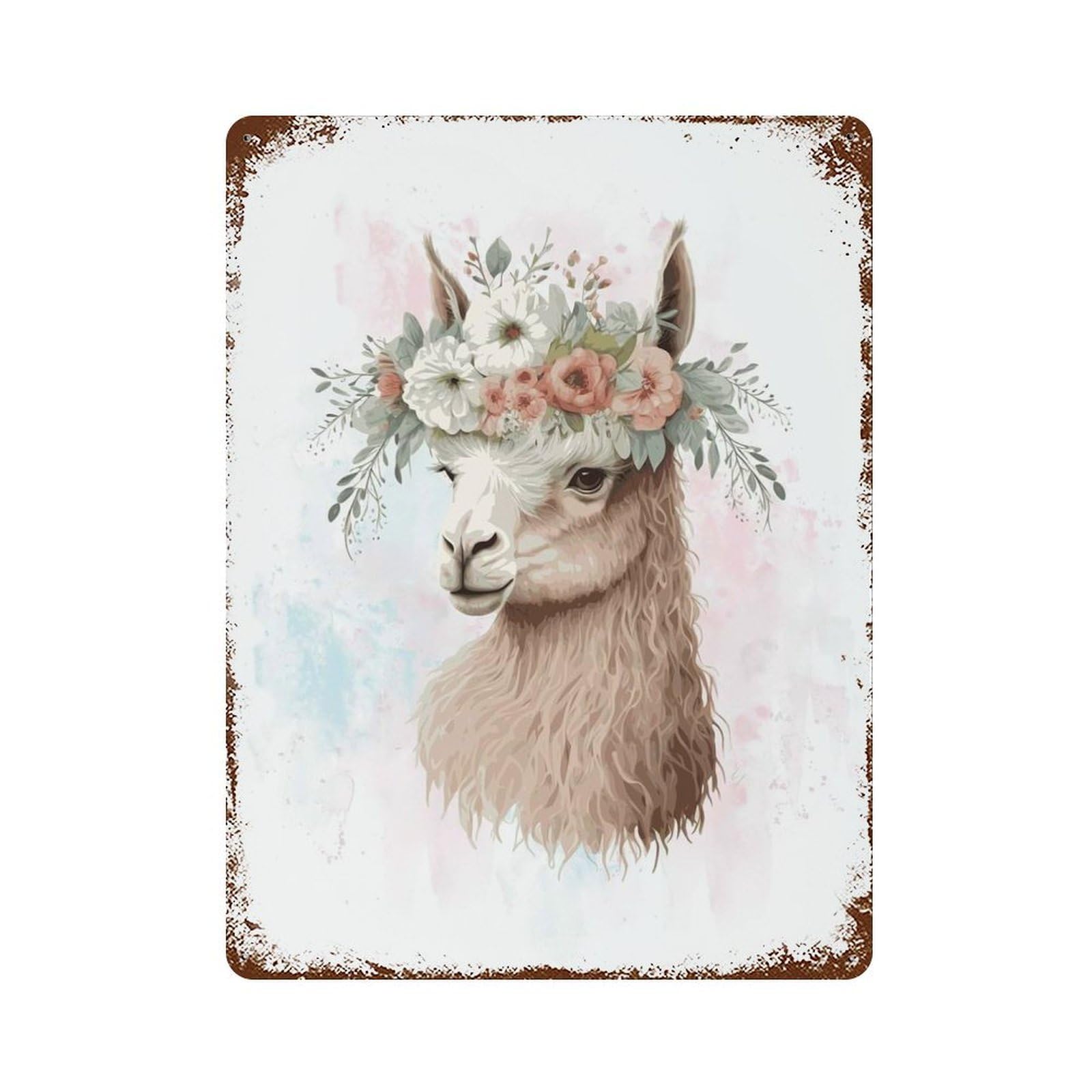Aged Metal Wall Plaque with Watercolor Alpaca Llama Design 15.7"x11.8", for Shed, Workshop And Garage Wall Decor, Decorative Metal Wall Art