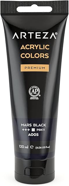 ARTEZA Acrylic Paint, Mars Black, 120 ml Pouch, Rich Pigment, Non-Fading, Non-Toxic Paint for Artists & Hobby Painters, Art Supplies for Canvas Painting