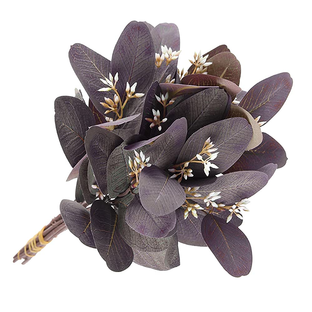 Cocobla 5pcs Artificial Eucalyptus Leaves Stems Silver Dollar Faux Eucalyptuses Wedding Bouquet Holiday Homey Greenery Decor (Purple)