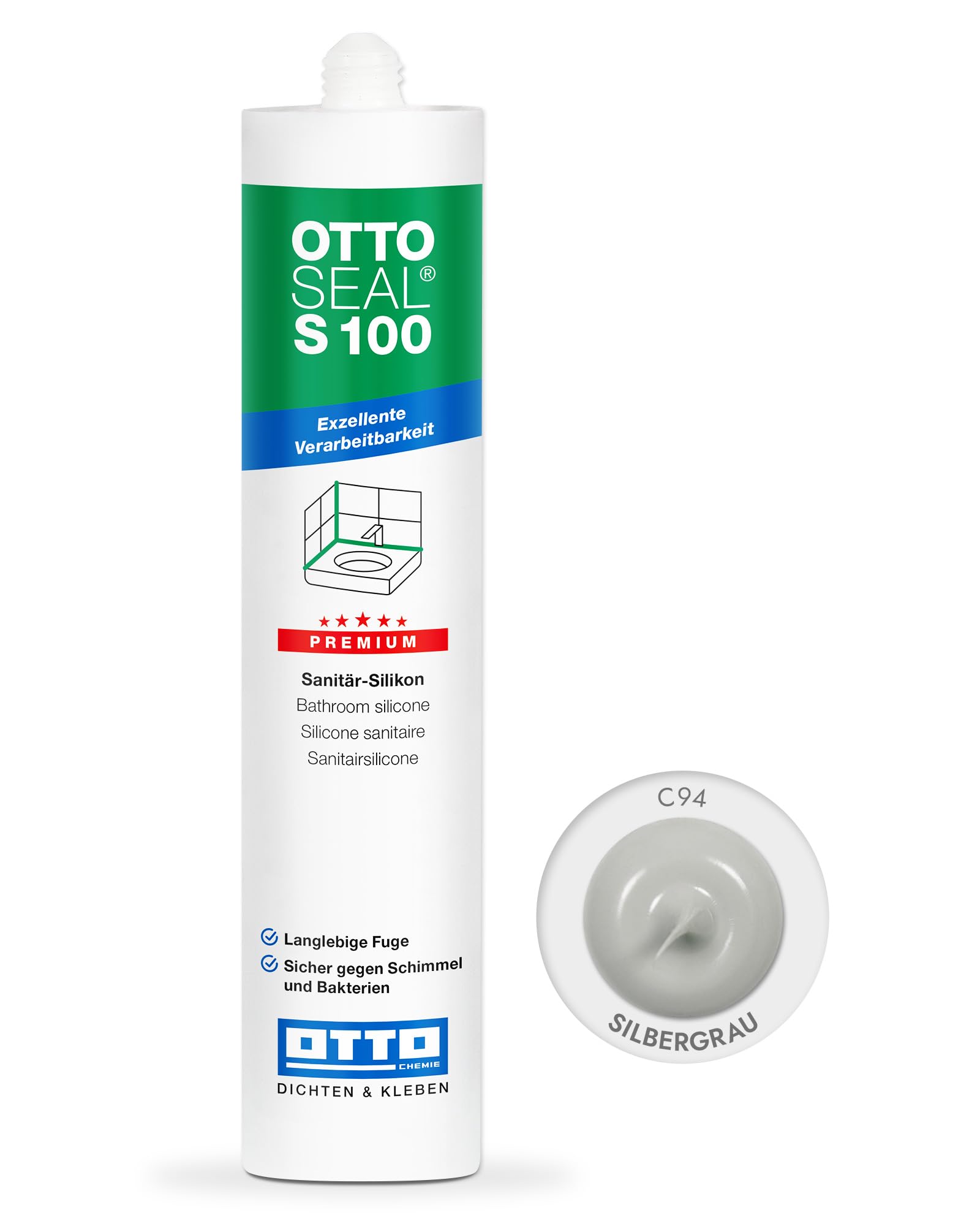 OTTOSEAL S 100 Premium-Sanitär-Silikon 300ml C94 silbergrau – Sicher gegen Schimmel & Ideal für Bad, Küche & Wohnbereich – Hervorragend Glätt- & Modellierbar