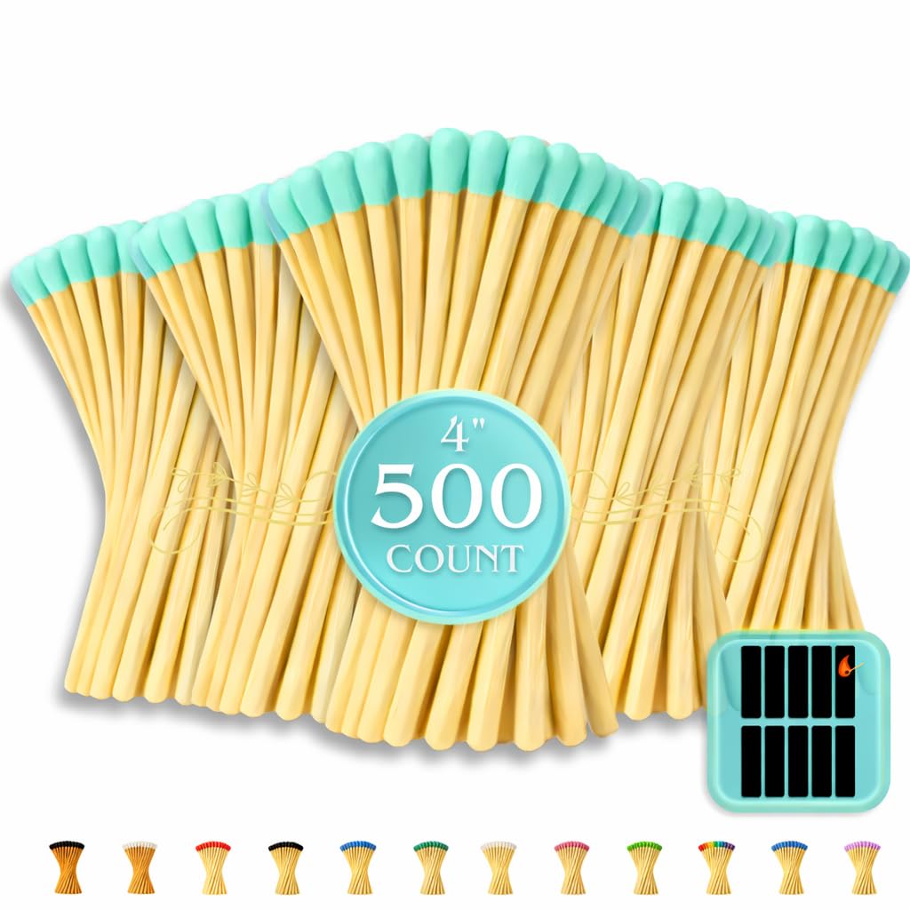 500 Count | 4" Light Blue Matches | Strikers Included | Color Tip Wooden Match | Refill for Matchstick Jars, Candle Display, Holders &amp; Bottles | 4 in inches Long