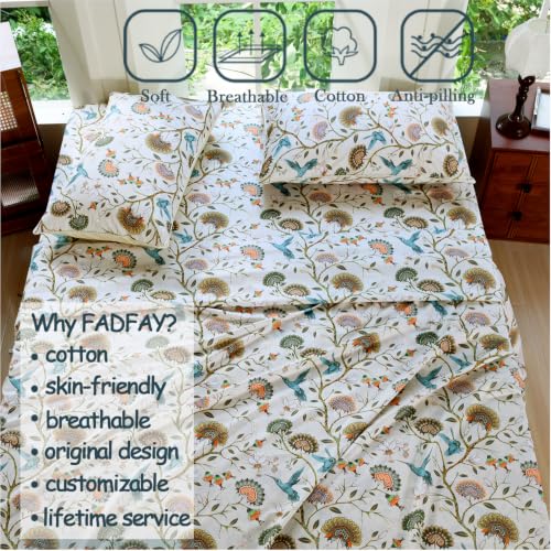 Image of FADFAY Twin 100% Egyptian Cotton Sheets Set 4 Piece, Luxury Cottagecore Botanical Floral Bird Print Ultra Soft Cooling Bed Sheets Set, Breathable Deep Pocket Hotel Quality Bedding for Hot Sleepers