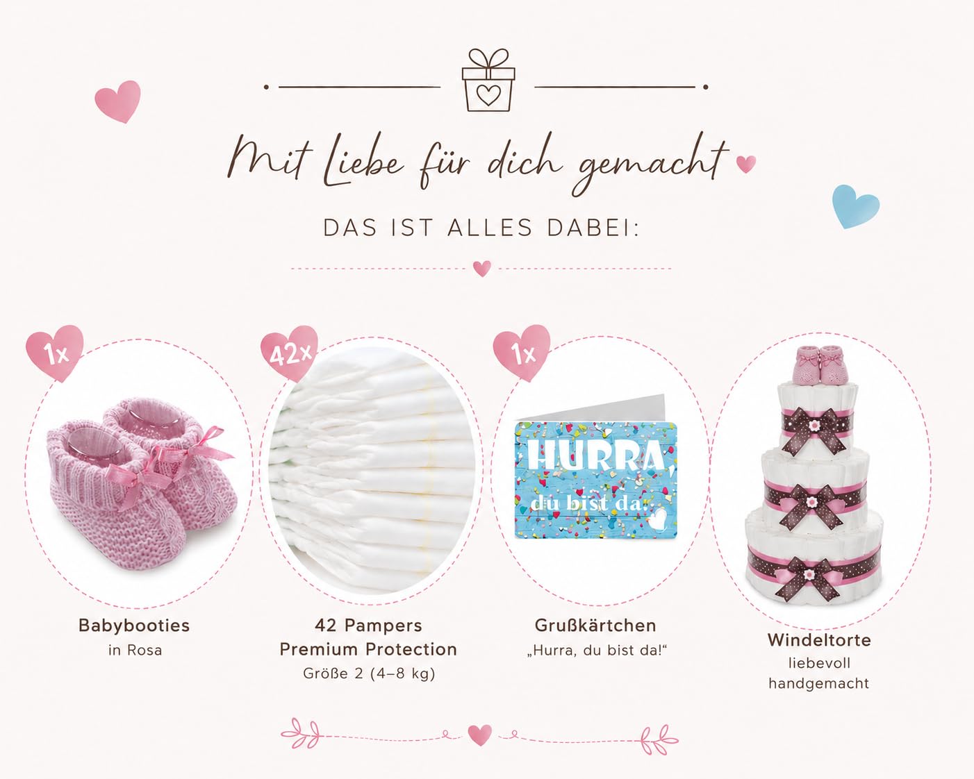 Grand gâteau de couches avec baby-boties roses | Cadeau de naissance, fête prénatale et baby shower / 3 étages