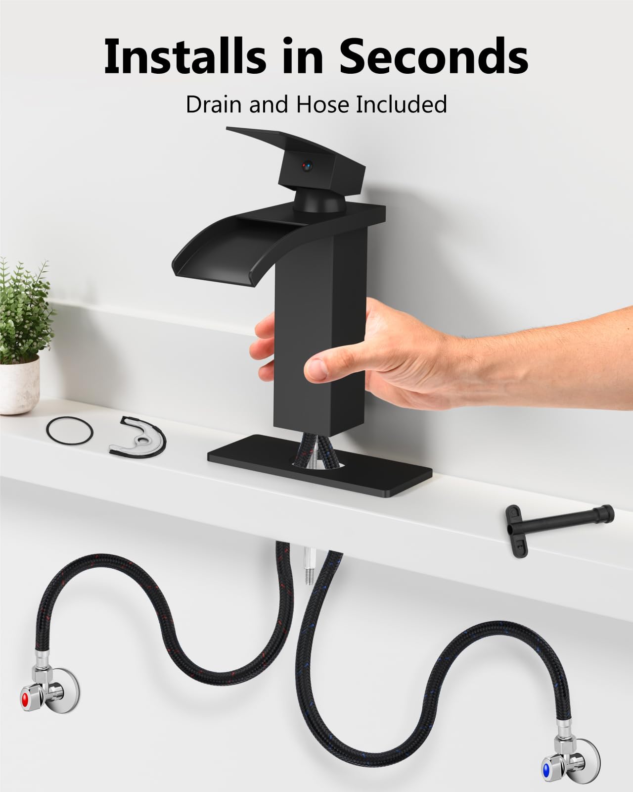 Waterfall Bathroom Faucet for 1 Hole Single Handle Vanity Bathroom Sink Faucet with Deck Plate Pop-up Drain Supply — view 7