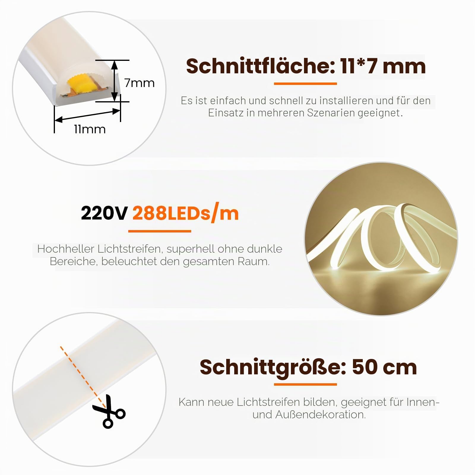 KISUFU 230V COB Neon LED Streifen, 288 LEDs/m Wasserdicht IP65 Schnitt alle 50cm, 220V LED Band Light Strip mit ON/OFF Schalter für Küche, Badezimmer, Werkbank, Die außendekoration.warm weiß,15M