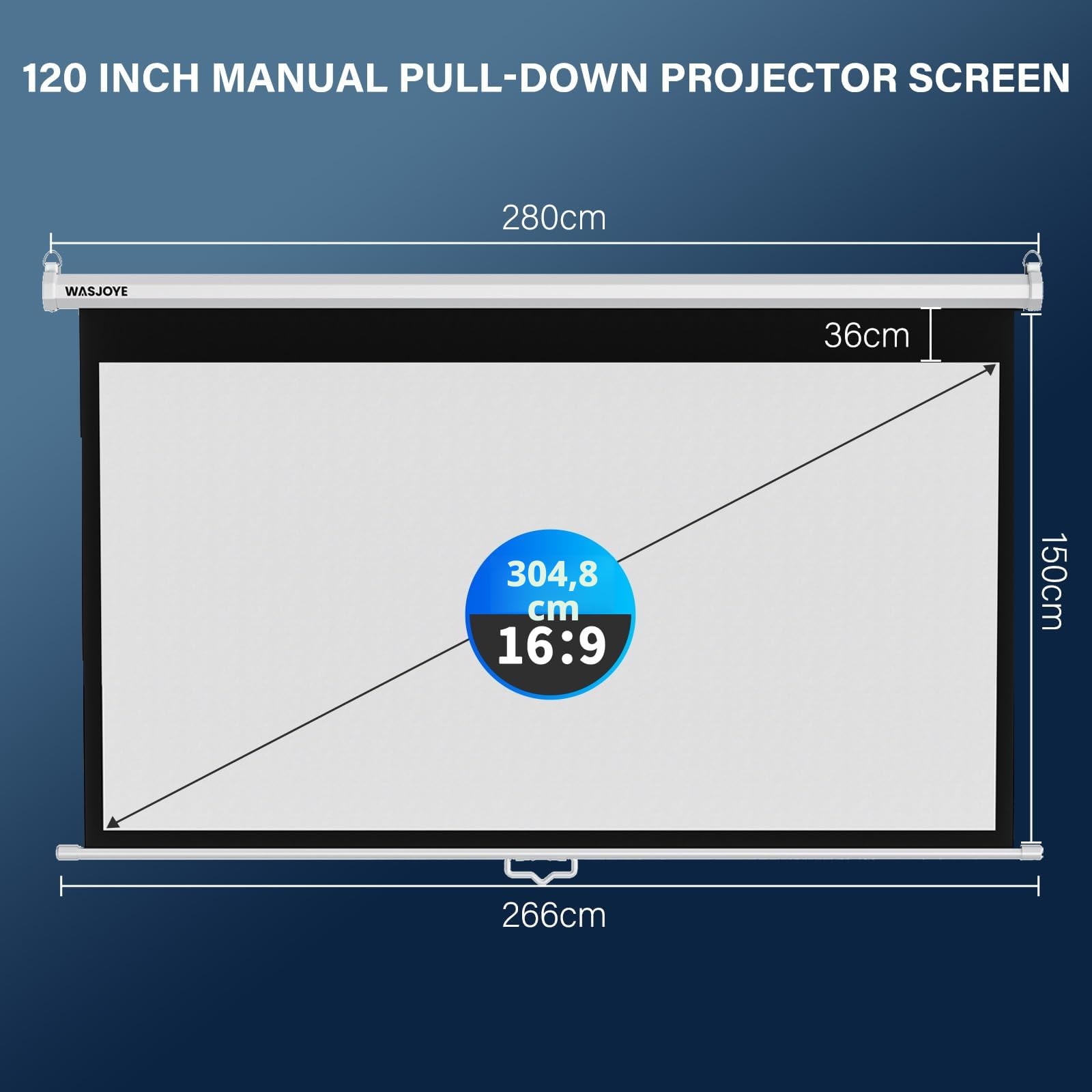 WASJOYE Manueller Leinwand Beamer Rollo mit Universal 120-Zoll Roll-Down einziehbarer manueller Projektionsschirm mit automatischer Verriegelung, Einstellbarer Bildschirmhöhe