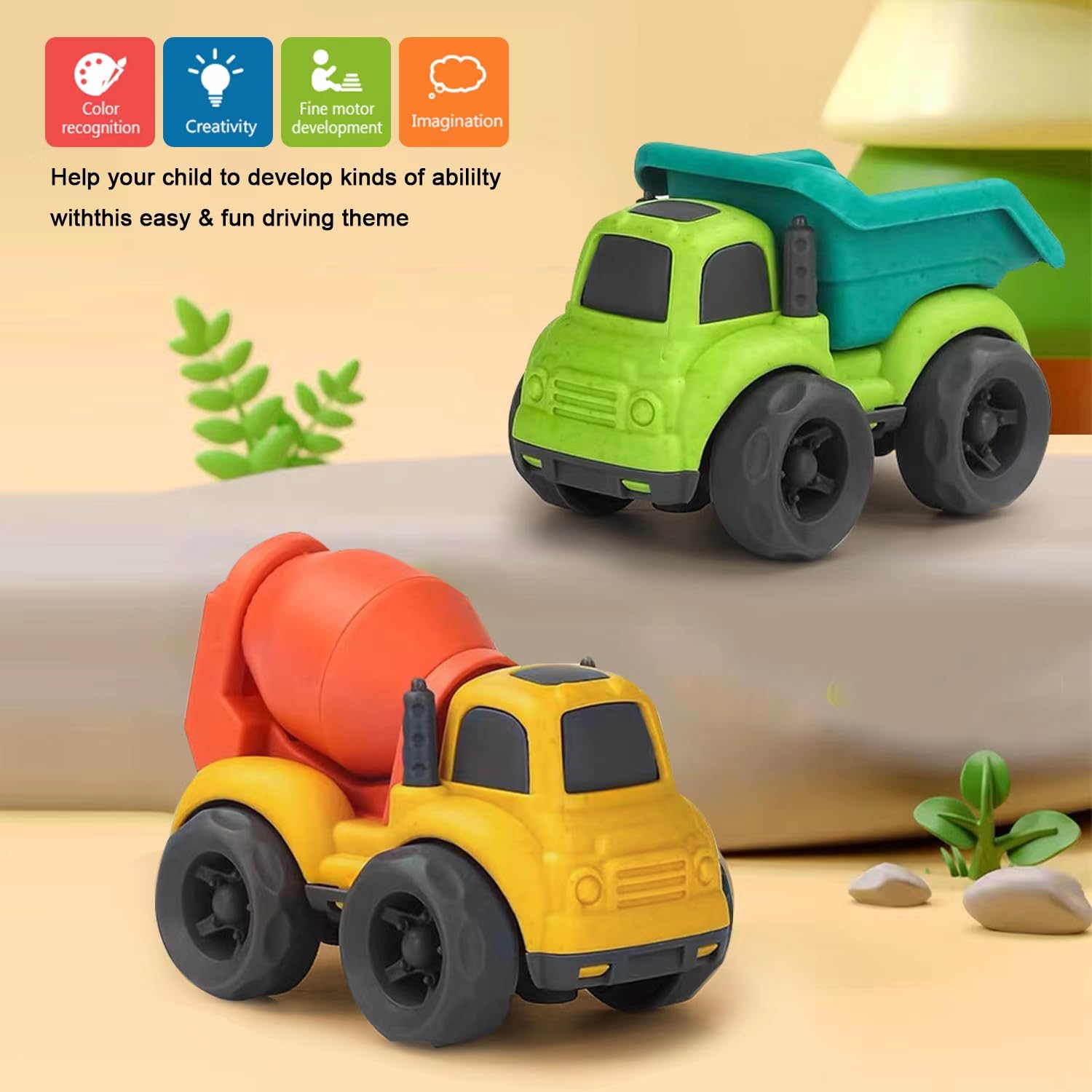 Juguetes de automóvil para niños de 1 a 3 años, 2 piezas de juguetes de camión volquete y juguete mezclador de cemento, juguetes para exteriores sin BPA, juguetes de camión para niños, juguete de 4