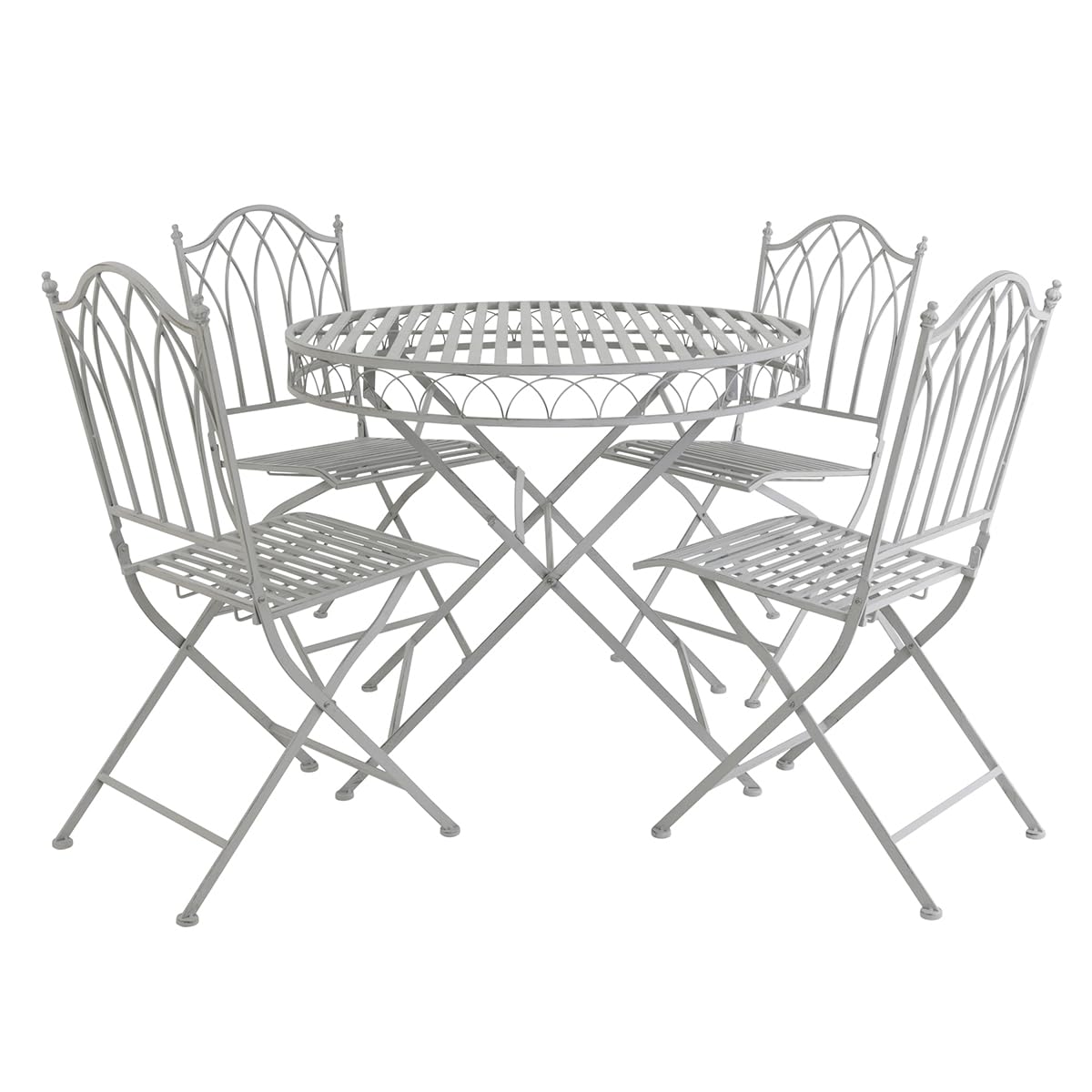 Rustic 5 Piece Wrought Iron Bistro Set For Patio, Garden, Balcony, Stylish, Outdoor Furniture, Rustproof, 4 Person, Grey, 1 Circle Table, Lightweight, 4 Chairs (90x90x74.5cm)