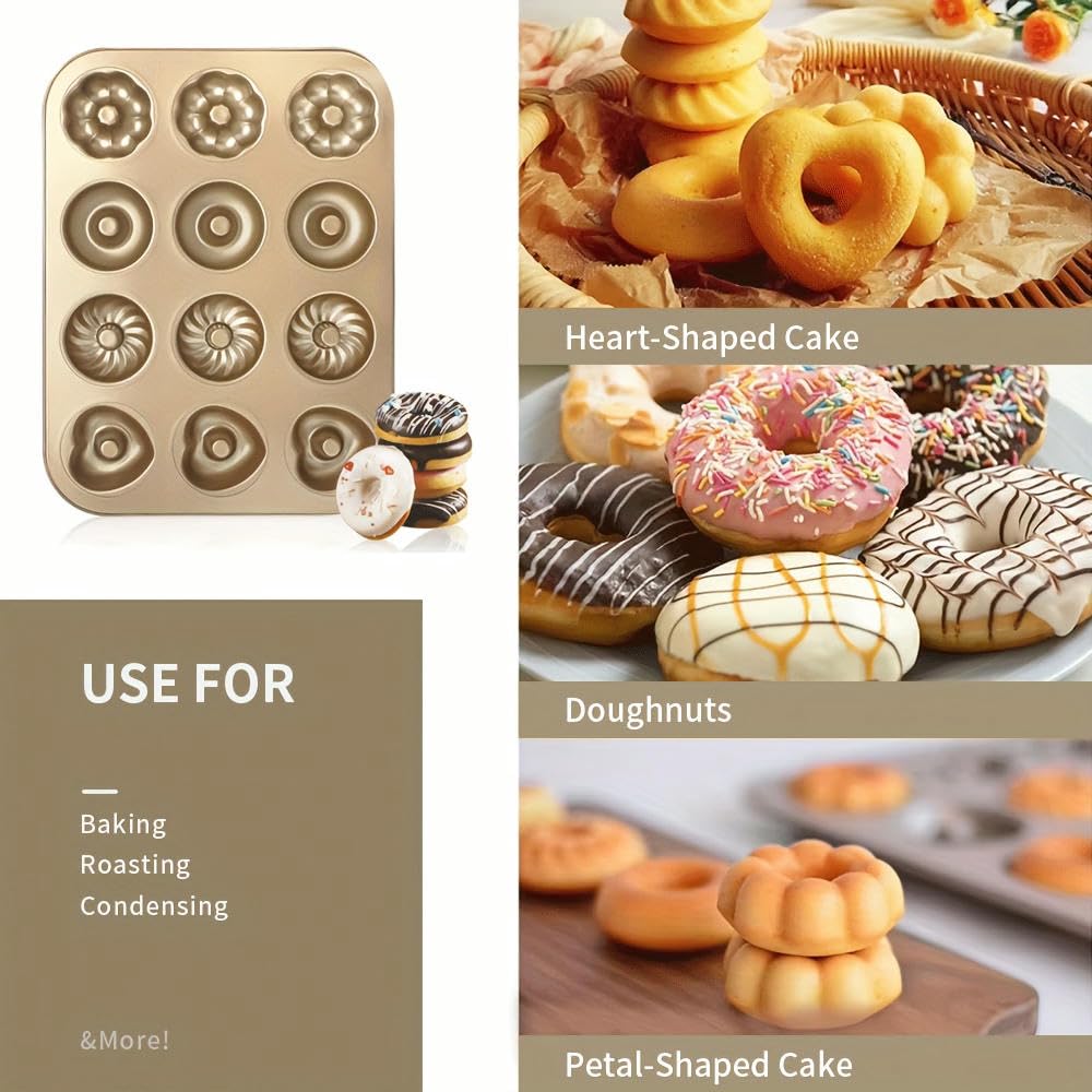 NYSDM Moule à Beignets antiadhésif à 12 cavités avec 4 Motifs Plateau Polyvalent Beignets Gâteaux Biscuits Bagels Muffins Pâtisserie DIY