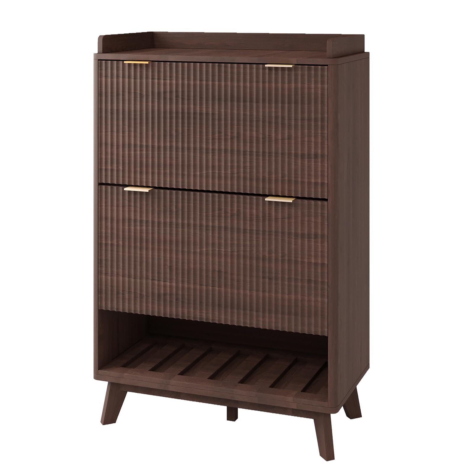 Schmaler Schuhschrank für Flur & Diele, 122 cm hoch – 2 Klappfächer mit verstellbaren Einlegeböden, offenes Bodenfach, abgerundete Rillenfront, freistehend – Schwarz-Nussbaum