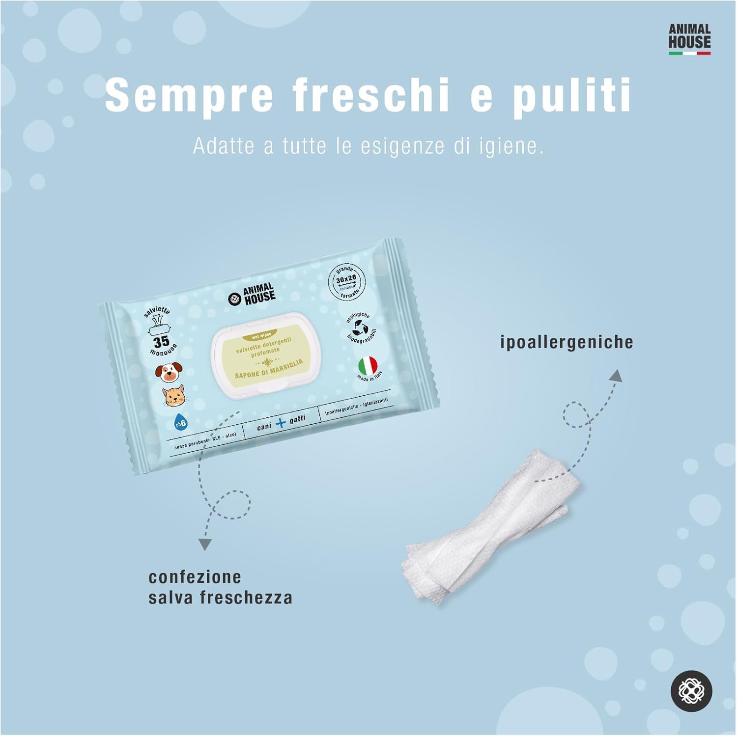 Animal House Salviette Profumate 350 PZ: Salviette Umidificate Ipoallergeniche e Biodegradabili per la Pulizia Quotidiana di Cani e Gatti (350, Sapone di Marsiglia)