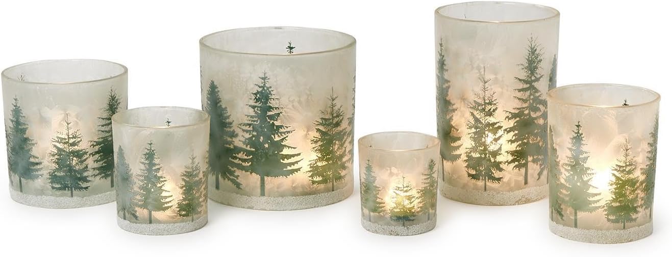 Two's Company Winter Forest Frosted Glass Candleholders, Glass, Set of 6, 82362