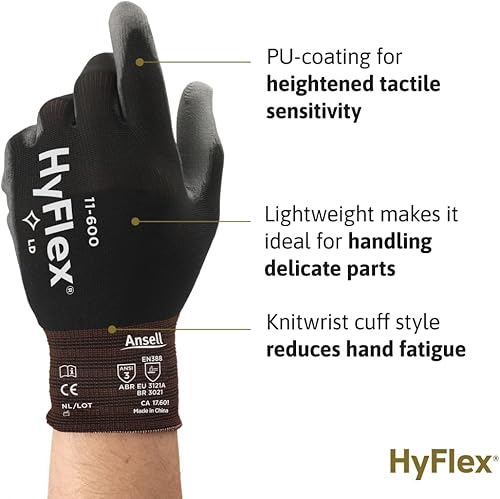 Miniatura 2 de Ansell HYFLEX 11-600 - Guantes industriales de nailon ligeros con revestimiento de palma para fabricación de metal, automotriz, talla grande (9),