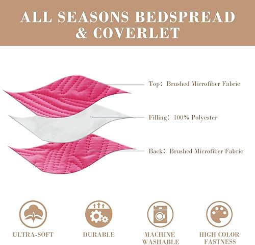 Miniatura 5 de Exclusivo Mezcla Juego de edredón ultrasónico tamaño matrimonial Queen color rosa intenso, colcha ligera de 3 piezas con patrón de hojas, funda de