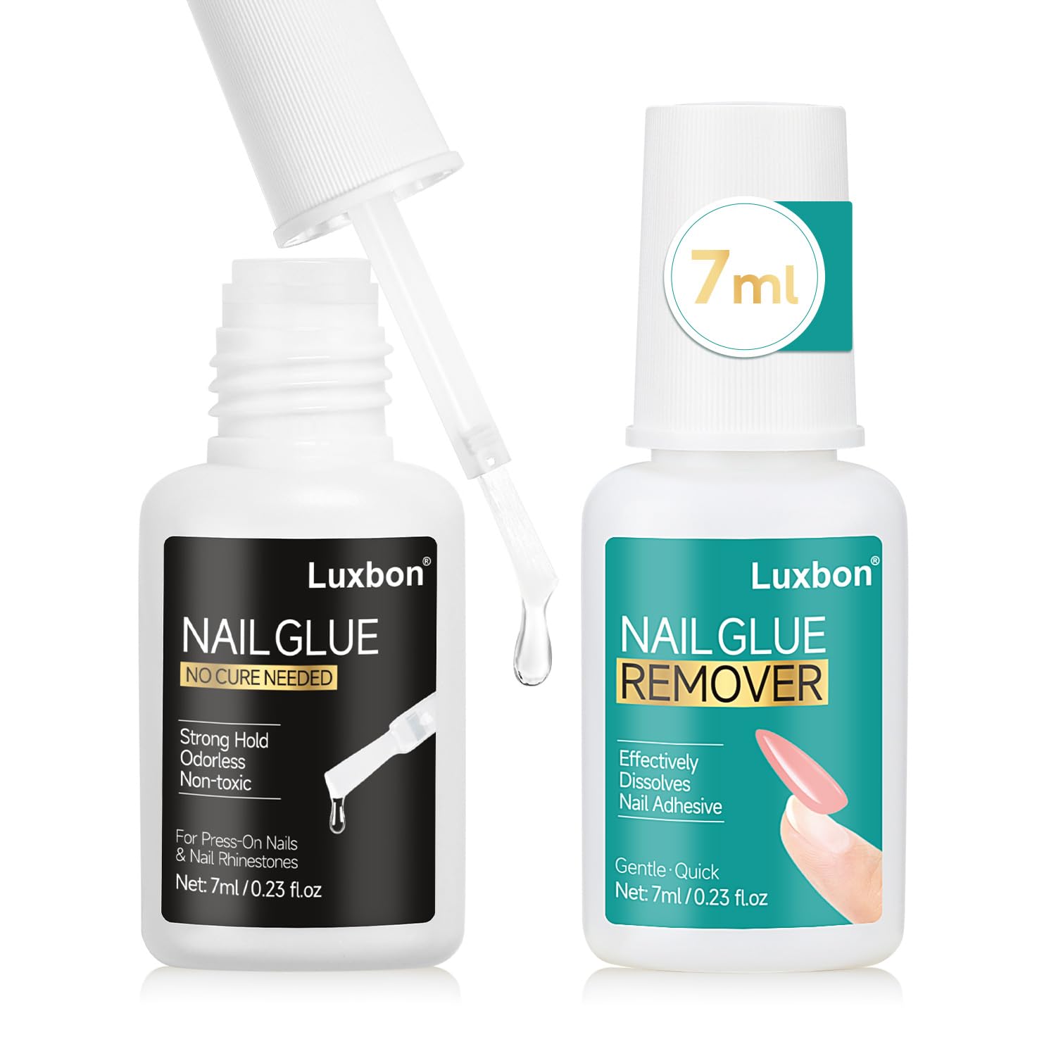 Luxbon Strong Nail Glue with Brush for Press On Nails, Nail Tips & Acrylic Nails (2×7ml) - Medical-Grade, Long Lasting, Mess-Free Application, No Nail Lamp Needed