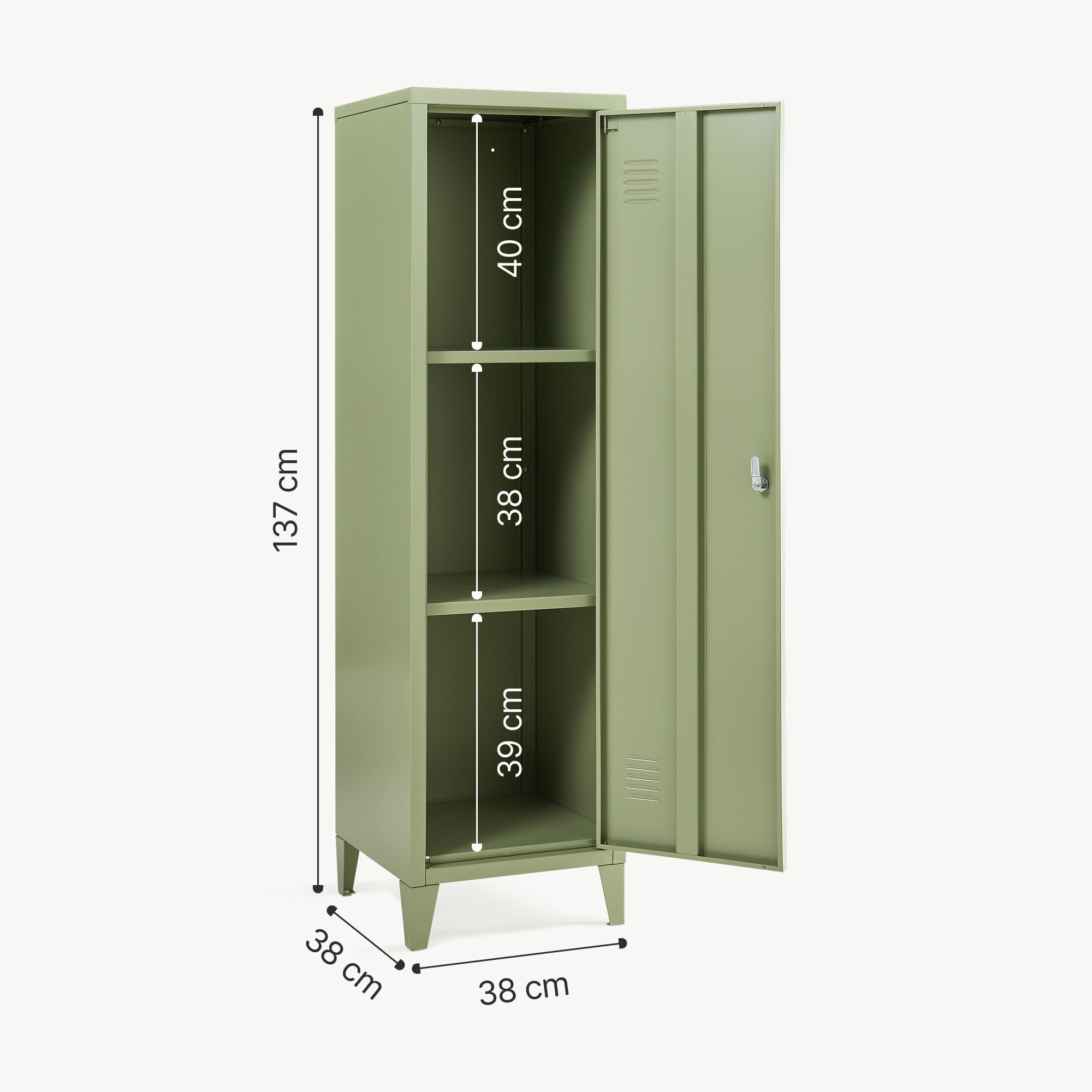 [en.casa] Pojedyncza szafka kurikka metalowa z 2 półkami 137 x 38 x 38 cm zamykana szafka z szafką metalową, szafa garderobiana, oliwkowa zieleń