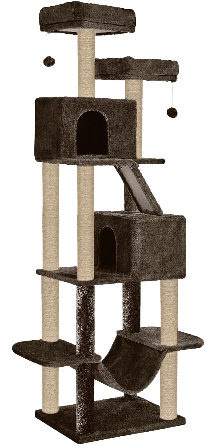 Purrway Multistory Kitten Large Cat Tree | Fur Fabric | Hammock | Hanging Balls | Condo | Ladder | Scratching Posts | Sisal/Jute Rope (Height 76 Inch) (Brown - FURR-91) (B0D45QN1X7) Amazon Price History, Amazon Price Tracker