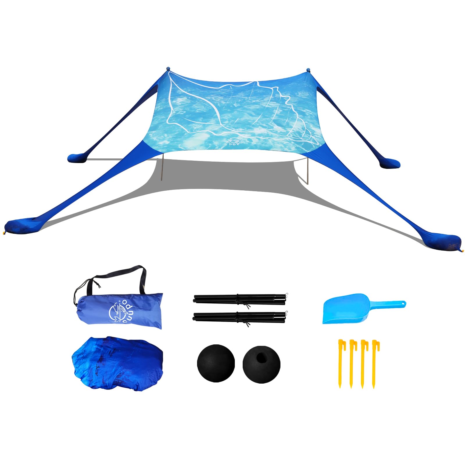 Tenda da spiaggia Pop Up 160 x 200 cm stampa 3D piccola protezione solare UPF50, per esterni, cortile, spiaggia, campeggio, con aste di stabilitàConchiglia blu