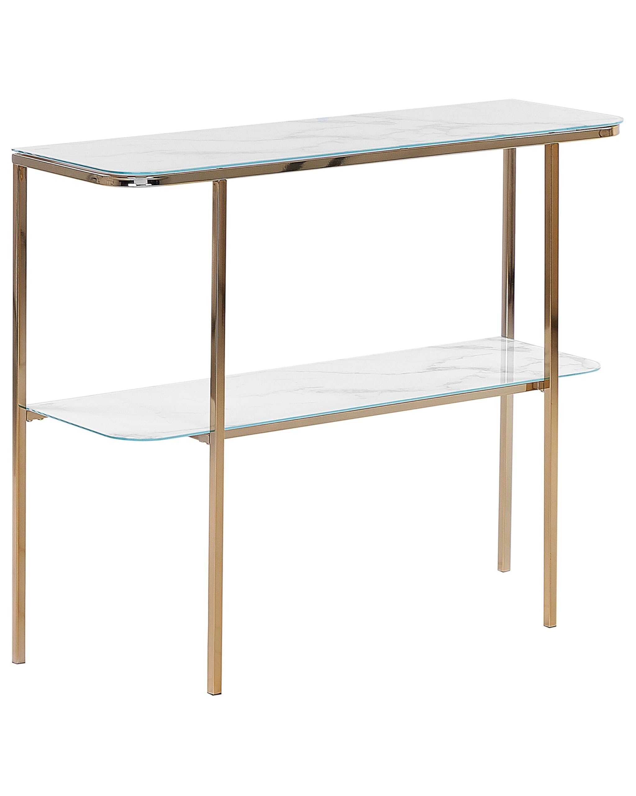 Beliani Table Console en Verre Effet Marbre Blanc Pieds Métalliques Dorés Glam Calvert