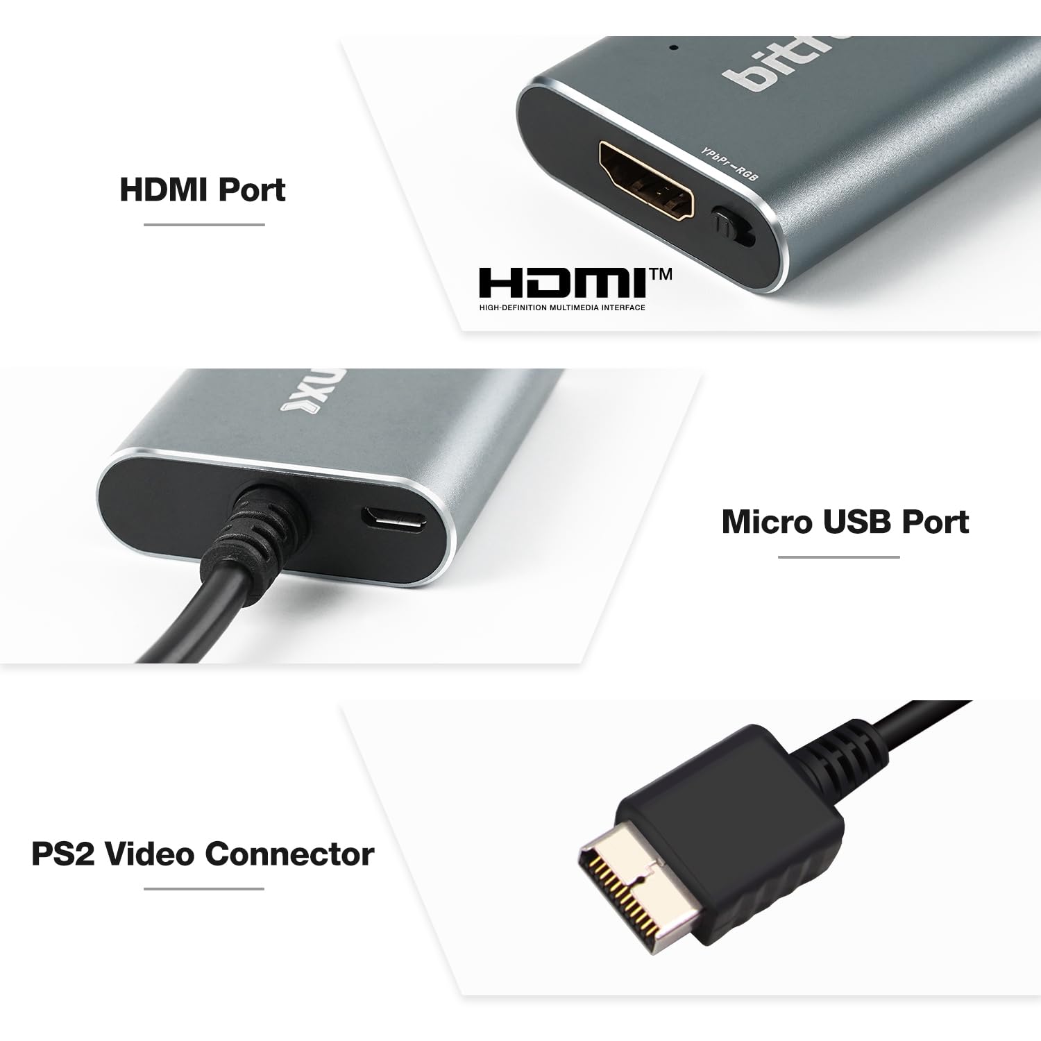 BITFUNX Adattatore HDMI PS2 – Interruttore RGB integrato a YPbPr, adattatore per videogiochi Plug & Play con nessun ritardo, adattatore convertitore HDMI per console di gioco PS2