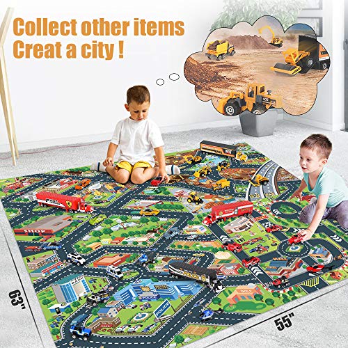 Oenux Construction Toys Trucks & Play Mat, Carrier Truck With Diecast Alloy Excavator,Tractor,Dump Truck,Road Roller,Bulldozer,Forklift,Engineering Toy Vehicles With Road Signs For Kids Boys Girls #TOP4