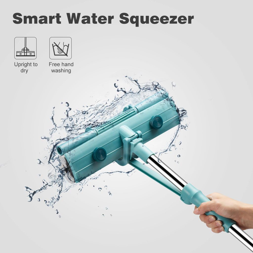 Finether PVA Sponge Mop Single-Roller Stainless Steel Absorbent Floor Mop Wet Mop with Two Sponge Mop Heads One Telescoping Handle Easy Wringing Action for Home Hardwood Floor Laminate Tile Window