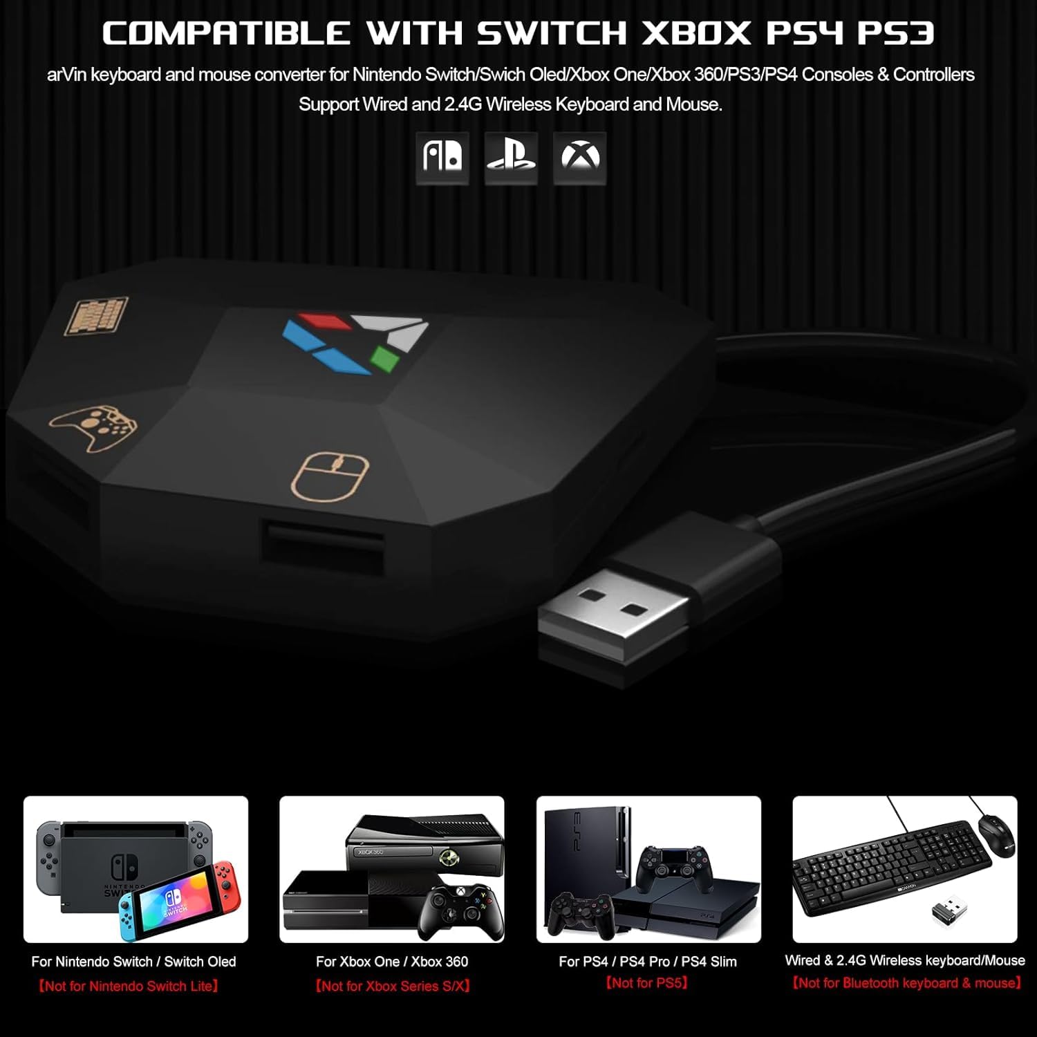Tastatur und Maus Adapter für Nintendo Switch/PS4/PS3/Xbox One/Xbox 360 Consoles, Gaming Tastatur Maus konverter Support Custom Mapping & Mouse Sensitivity Adjustment