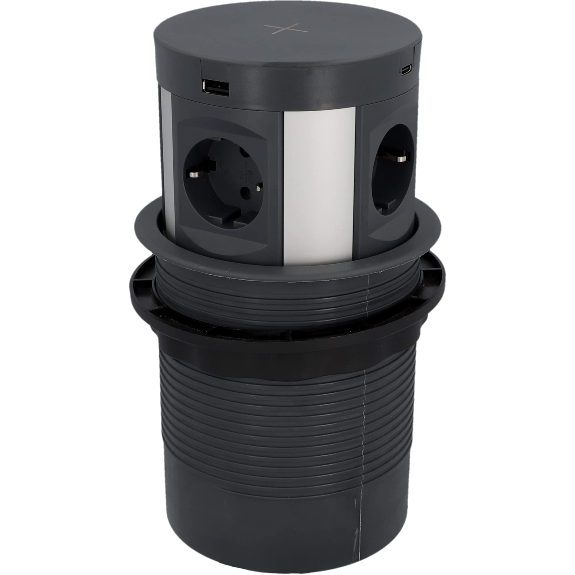 Blaupunkt Tischsteckdose PushUp 4-fach, 2-fach USB-A + 2-fach USB-C , mit induktivem Laden, Anthrazit, 2 Meter