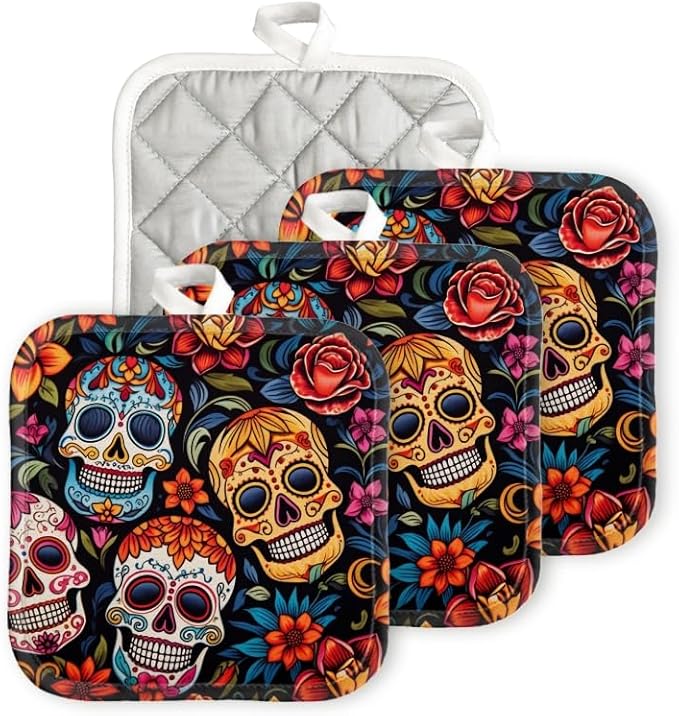 Pot Holder for Kitchen 4pcs,Day of The Dead Skull Pattern with Colorful Floral Designs Square Heat Resistant Hotpads Non Slip Dirt-Proof Kitchen Cook Oven Potholders Machine Washable,7x7in