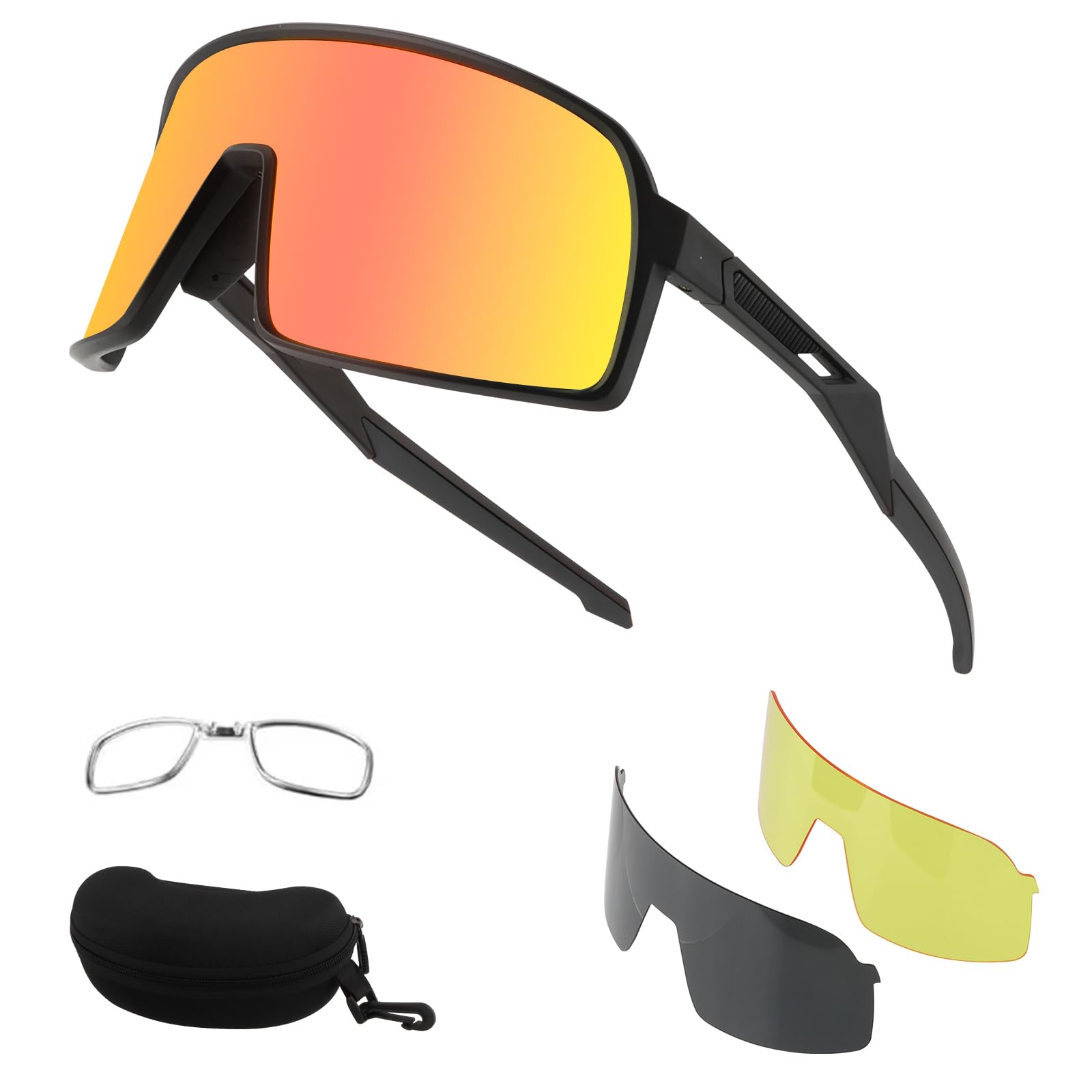 Polarised Sunglasses Sports 3 Lenses - (Polarised, Yellow, Colored Mirror Lens) Full Rim Cycling Glasses Unisex, with Inner Frame Hard Case Bike Goggles, Baseball Fishing Golf Eyewear