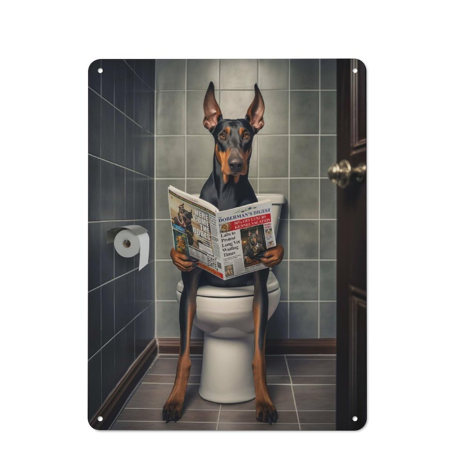 Vintage Doberman on The Toilet Decorative Metal Plaque 40x30cm, Garden Room Wall Plaque for Shed, Garden Room, Porch Or Garage