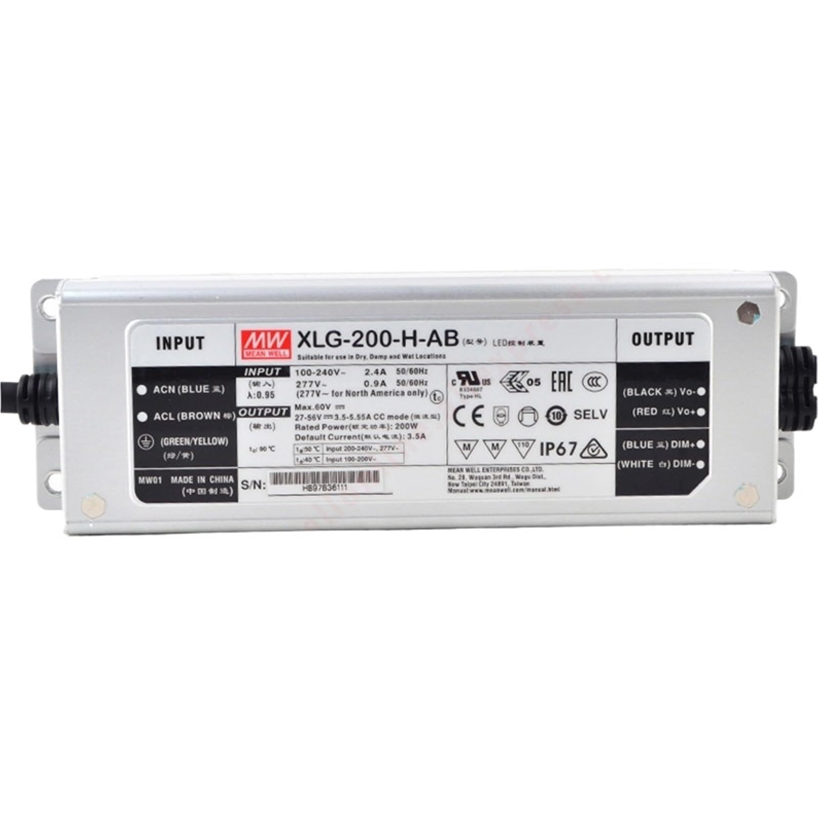 Fcarumiqp Xlg-200-H-Ab-200W Xlg-200-H-Ab Ip67 Metal Case 3 In 1 Dimming Lighting 27-56V/3500-5550Ma/200W Constant Power Mode Led Driver