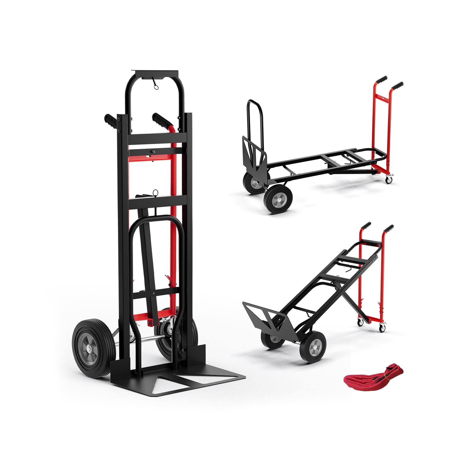 GOPLUS Carro De Metal Portátil 3 En 1 De Alta Resistencia con Ruedas De Goma Universales, Capacidad De 450 Kg, Carro Industrial Plegable para Transporte Y Mudanza En Almacén (Negro+Rojo)