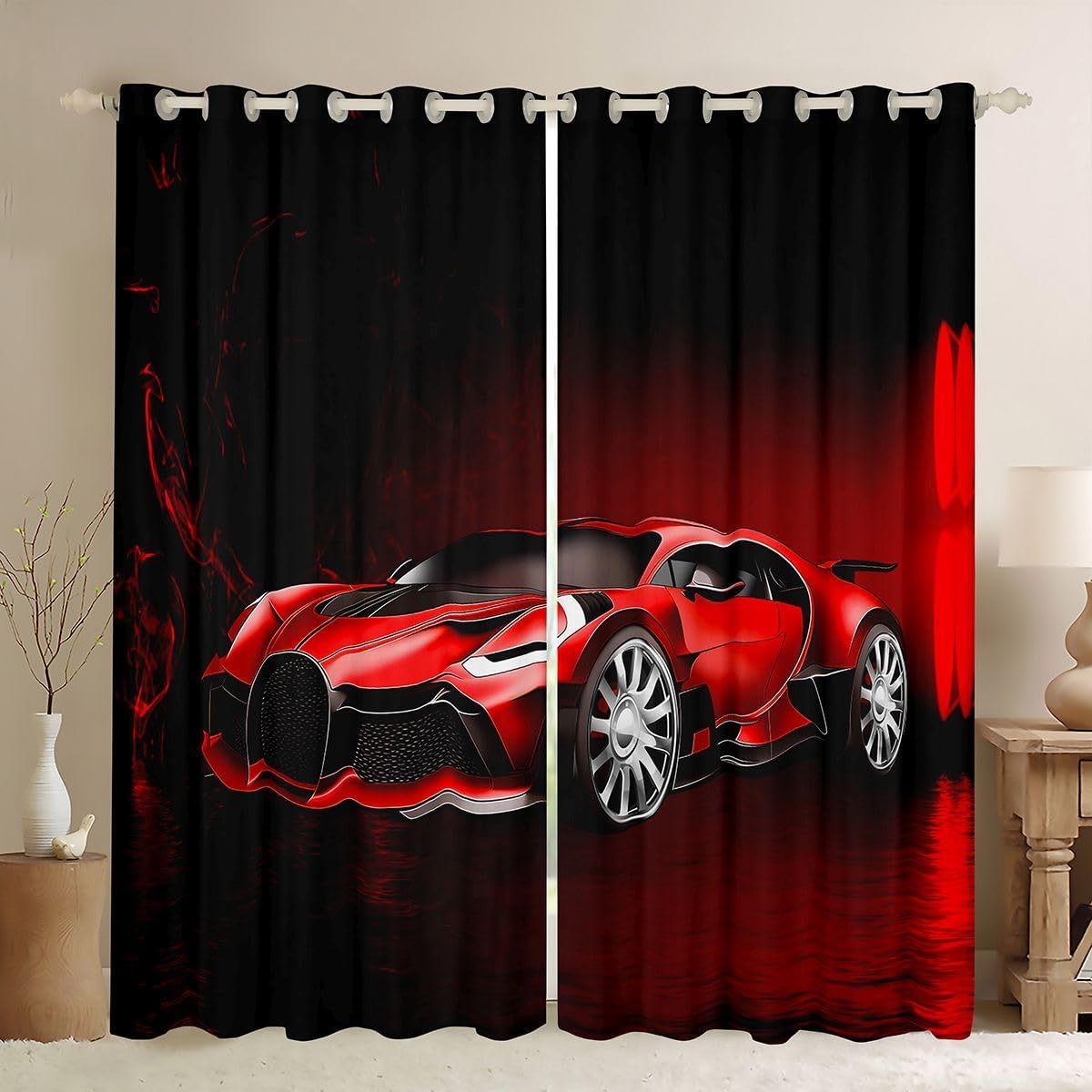 Sports Car Window Drapes Red Race Car Curtains for Kids Boys Girls Extreme Sports Theme Window Curtains for Bedroom Living Room Cool Speed Luxury Car Decor Window Treatments，38 X 45 Inches，2 Panels