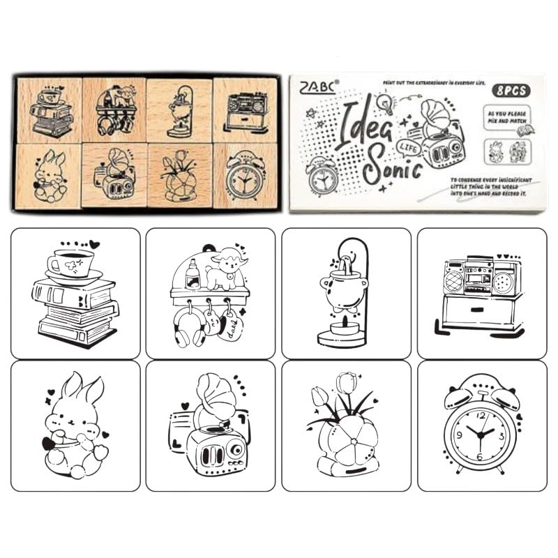 SAMVARDHAN 8PCS Vintage Wooden Rubber Stamp Set for Journaling – Retro Doodle Icon Craft Stamps for Journal, Scrapbook, Card Making & Planner Decoration (Idea Sonic)-image-12