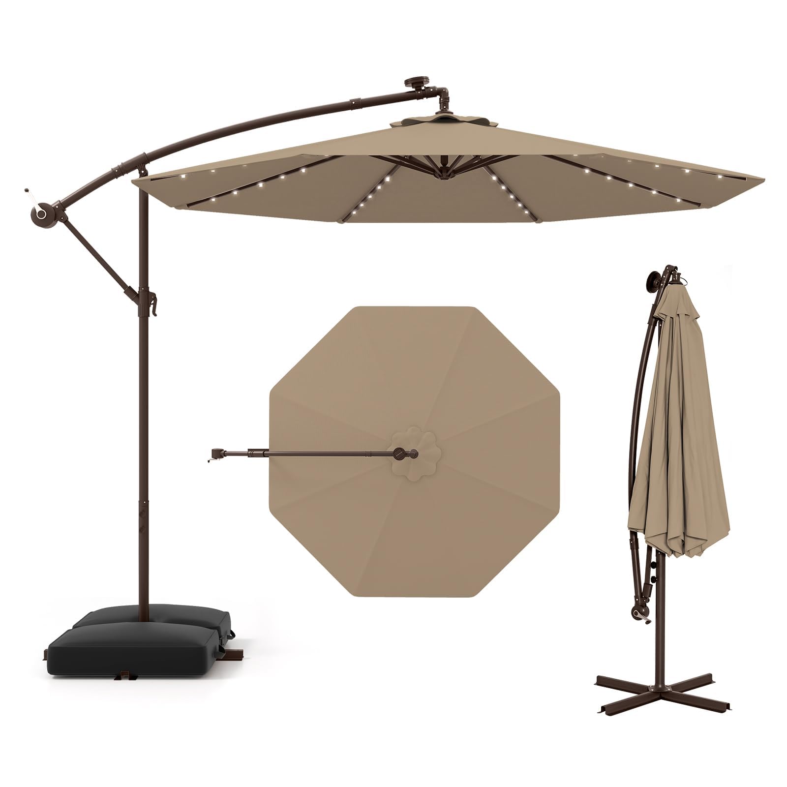 GOPLUS Parasol de Jardin Extérieur avec Pied, 3M Grand Parasol Déporté Inclinable, avec 8 Baleines 32 Lampes Solaires, pour Terrasse Plage Cour (Café)