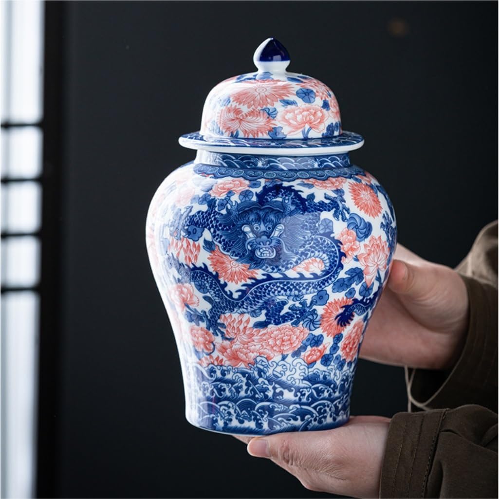 SONGCHAO Sugar Jar Retro Blue and White Underglaze Red Ceramic Dragon and Phoenix Jar Sealed Jar Tea Storage Jar Kitchen Storage Jar Tea Canister (Color : Phoenix Tea jar)