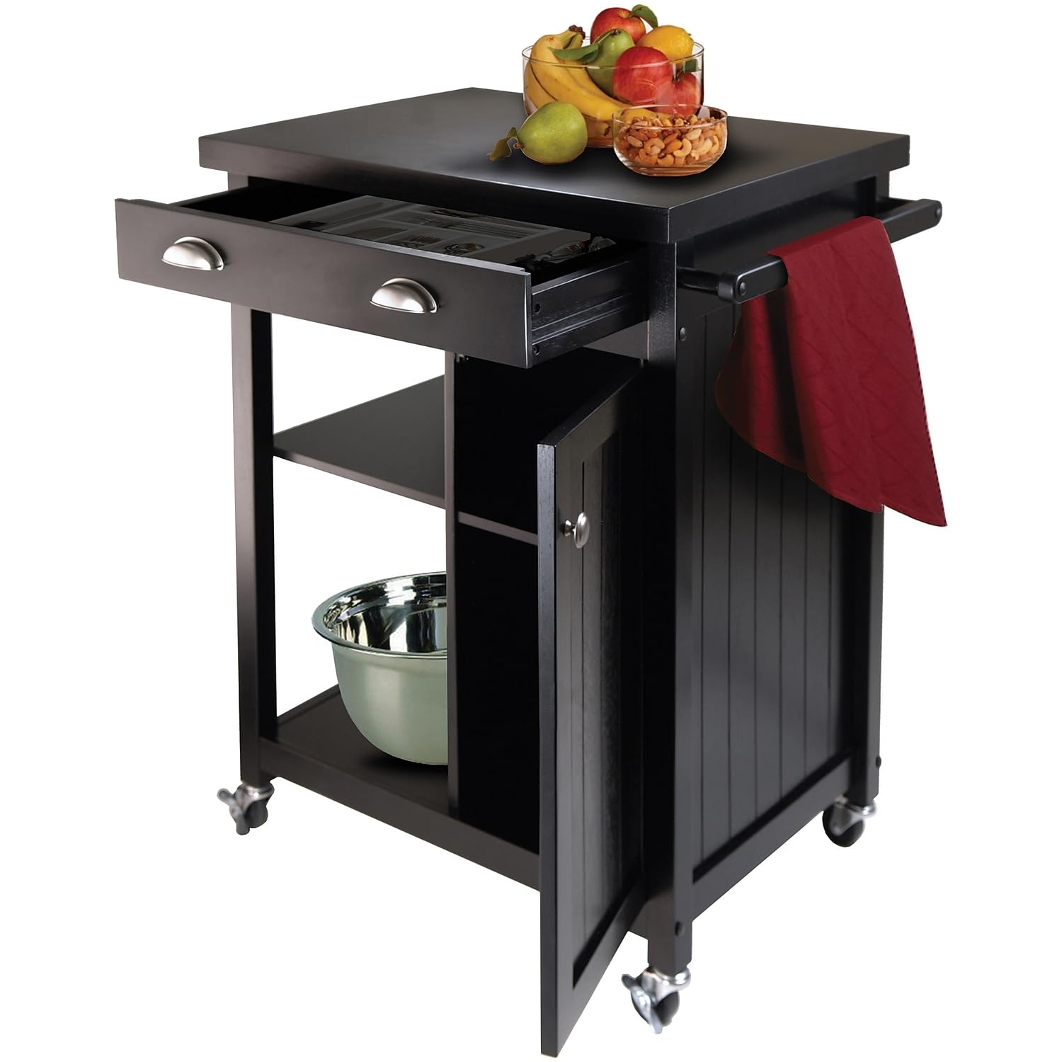 Winsome Timber Kitchen Cart, Black, with drawer and cabinet closed