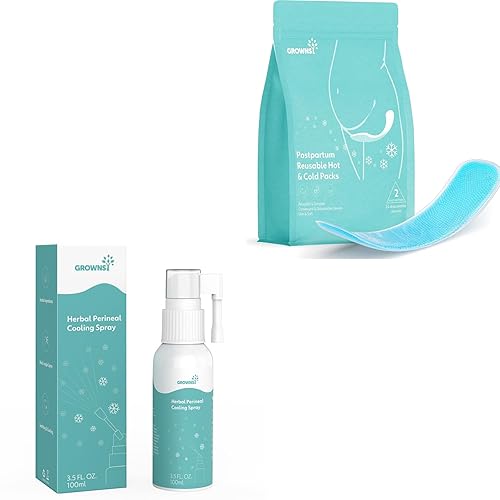 GROWNSY Spray de enfriamiento perineal de 3.4 fl oz y almohadillas esenciales posparto de calefacción y enfriamiento