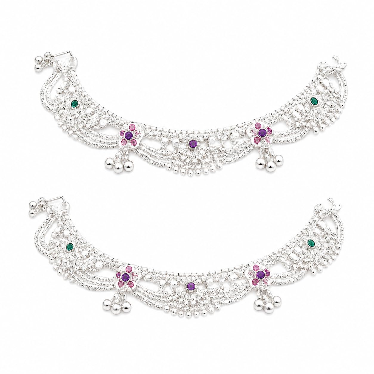 Silver Plated Traditional Floral Anklet for Women & Girls | Oxidised Payal with Multicolor Stone & Ghungroo | Ethnic Bridal Anklet (1 Pair)-image-38