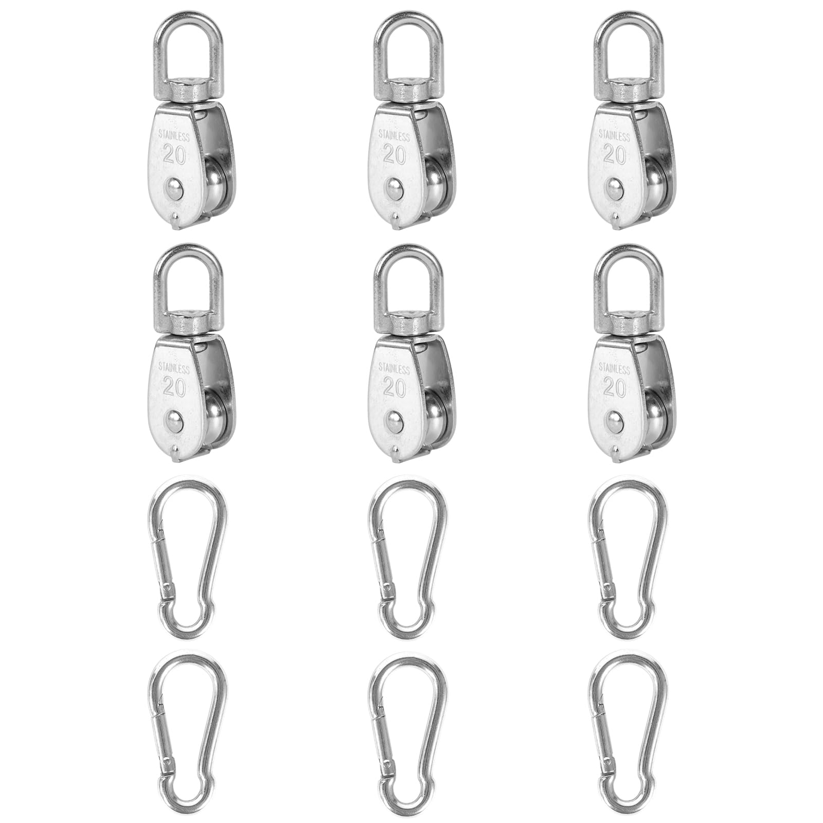 6Pcs 304 Stainless Steel M20 Single Pulley Block, Wire Rope Hanging Wire Towing Wheel, with 6Pcs Spring Snap Hook
