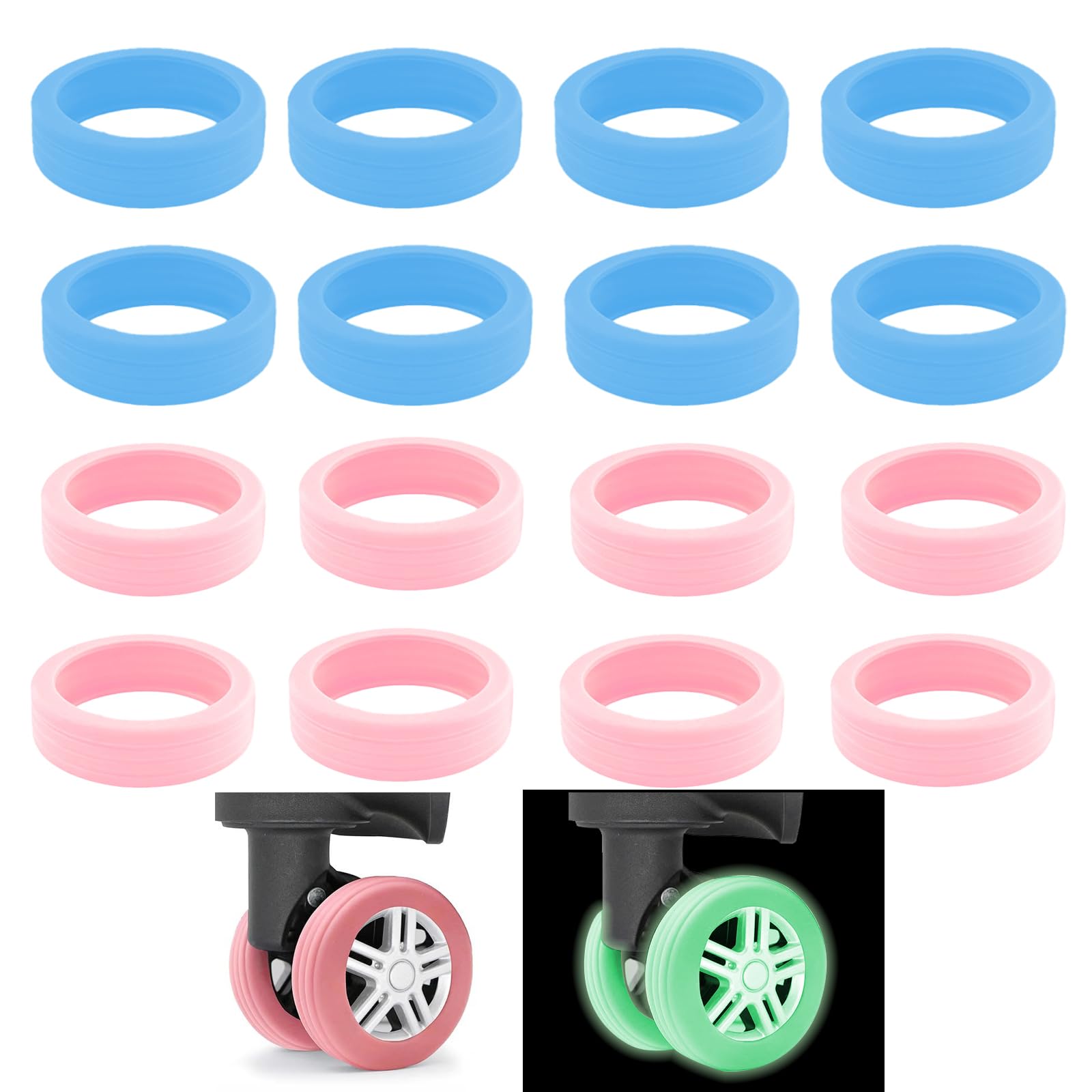 16Pièces Lumineux Protection Roue Valise, Silicone Protege Roulette Valise, Housses de Protection de Roue de Bagage Réduction du Bruit, Couvre-Roues de Bagage pour Valise Absorption des Chocs