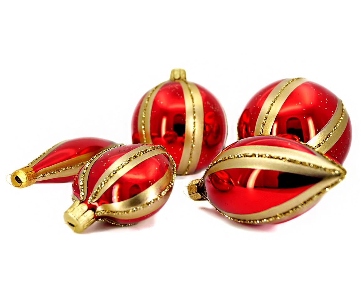 Set of 5 Handmade Blown Glass Ornamental Decorations for Christmas Tree, Red/Gold