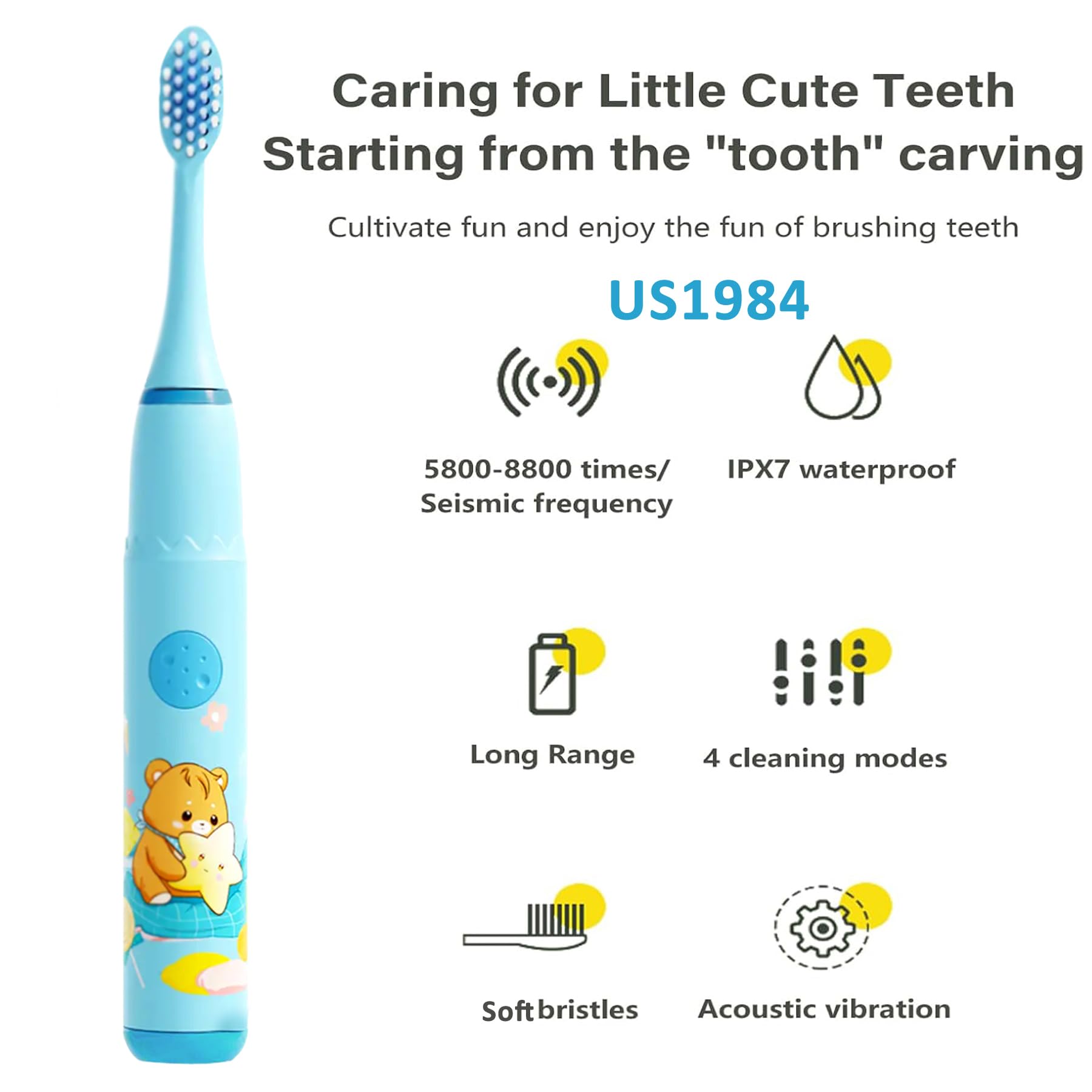 US1984 Sonic Electric Toothbrush For Adults and Kids with 4 Modes, 18000 Strokes per minute, 3 Brush Head, Soft Bristles, Waterproof, Rechargeable Lasting Up To 30 Days, Power Toothbrush (Blue)
