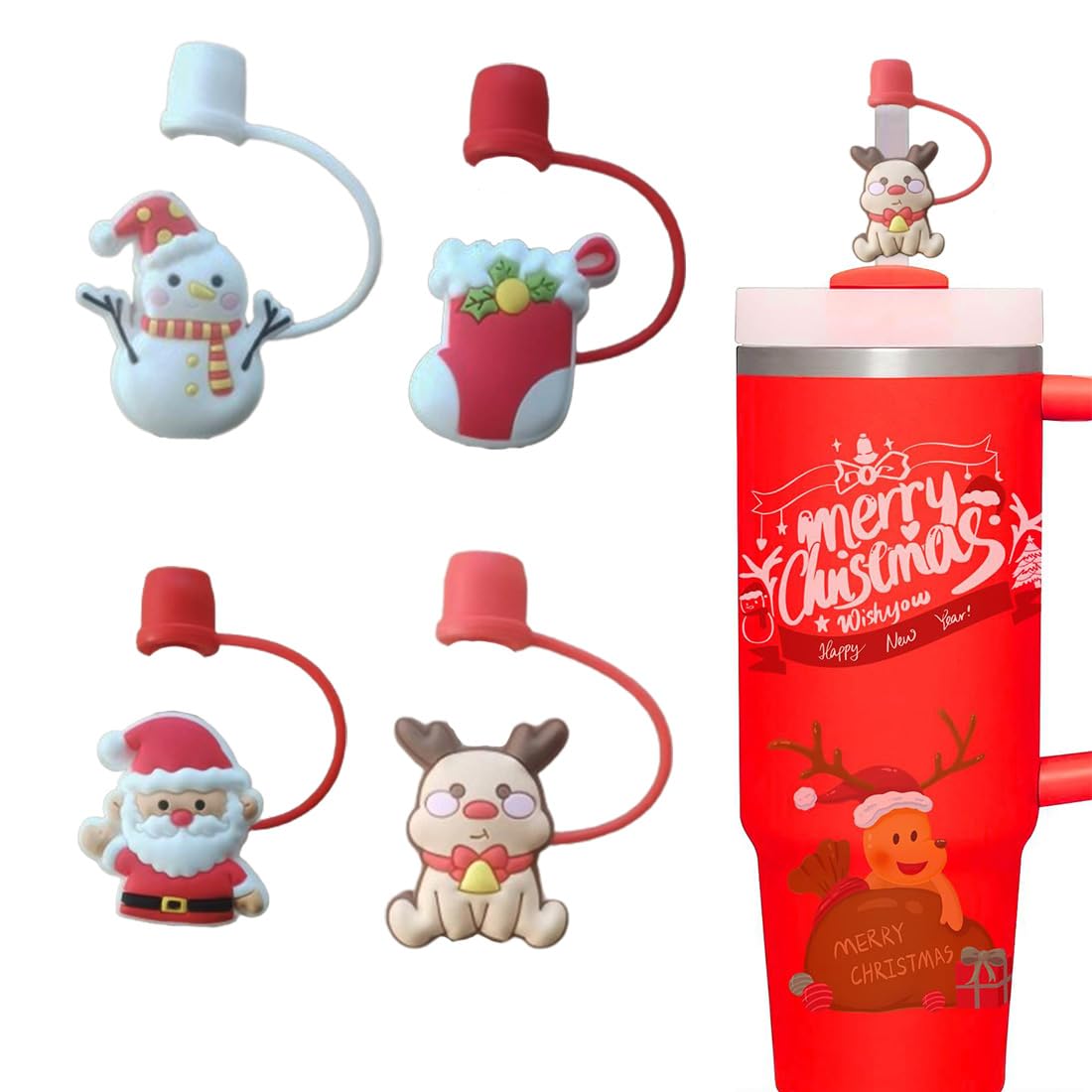 4Pcs 0.4 inch/10mm Straw Cap Topper fit for Stanley Cup 30&40 Oz Tumbler with Handle Dust-Proof Christmas Straw Tip Cover Caps Reusable Cute Silicone Straw Protectors