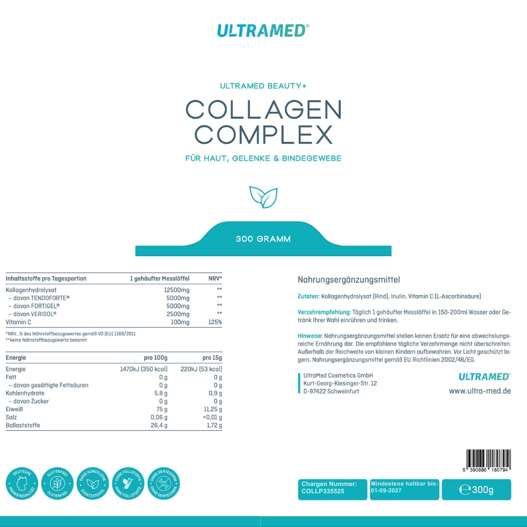 UltraMed - Poudre de collagène bioactive de qualité supérieure composée de VERISOL, TENDOFORTE & FORTIGEL + vitamine C | 300 g | peptides de marque pour la peau, le tissu conjonctif et la mobilité |
